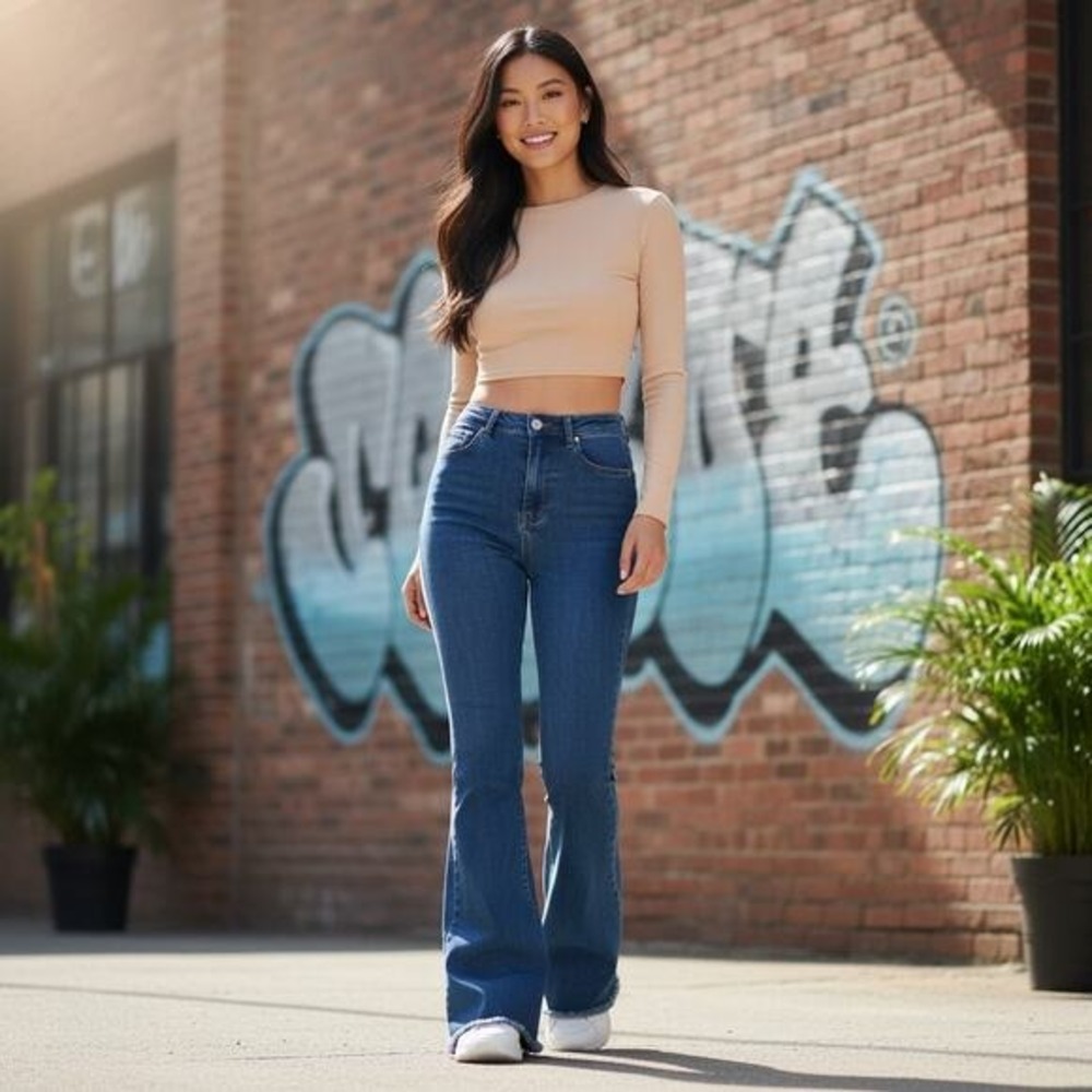 SHEIN Frenchy Petite XS‎ High Rise Flare Jeans Raw Hem Y2K Bell Bottom Blue